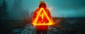 Conceptual image of a person holding a floating exclamation mark in a warning triangle, symbolizing caution, alertness, and