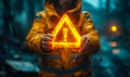 Conceptual image of a person holding a floating exclamation mark in a warning triangle, symbolizing caution, alertness, and