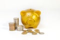 Pile of coins close gold piggy bank on white background.