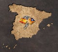 Conceptual image of the political conflict between Spain and Catalonia. Padlocks on map of Spain. Declaration of independence on