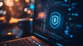 A conceptual image of privacy mode on a computer, showing a darkened screen with only minimal, secure data glowing softly in the Royalty Free Stock Photo