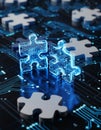 Conceptual image of puzzle pieces connecting on a digital circuit background representing problem solving in technology Royalty Free Stock Photo