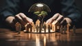 Conceptual image of a real estate agent protecting a model of a small house with an umbrella