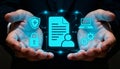 A conceptual image representing digital document management and data security, showing human hands holding a glowing virtual Royalty Free Stock Photo