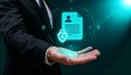 A conceptual image representing digital document management and data security, showing human hands holding a glowing virtual Royalty Free Stock Photo