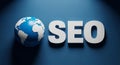 Global SEO Concept with Earth Globe and White SEO Text on a Blue Textured Background Royalty Free Stock Photo