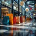 Conceptual image shopping bags in mall symbolize consumer culture