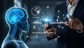 Artificial Intelligence Concept with Brain and Data Flow Man Interacting with Futuristic Technology Royalty Free Stock Photo