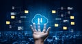 Modern Technology Cloud Computing Concept with Hands Reaching for Data Transfer in a High-Tech Urban Landscape Royalty Free Stock Photo
