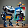 A robot creating art, by painting on an easel, generated by AI.
