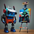A robot creating art, by painting on an easel, generated by AI.
