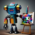 A robot creating art, by painting on an easel, generated by AI.