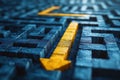 An illustrative bright golden arrow navigates the deep blue textured maze pathway precisely Royalty Free Stock Photo