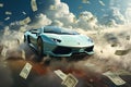 Conceptual image of a sports car surrounded by dollars flying in the sky, Lamborgini flying through the Money clouds, AI Generated