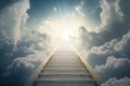 Conceptual image of stair leading up to bright sky with clouds. Generative AI Royalty Free Stock Photo