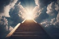 Conceptual image with stairs leading up to heaven with sunlight and clouds. Generative AI Royalty Free Stock Photo