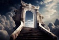 Conceptual image of stairway leading to heaven with cloudy sky, Generative AI illustration Royalty Free Stock Photo