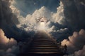 Conceptual image of stairway leading to heaven with golden crown