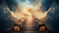 Conceptual image of stairway leading to heaven with golden crown