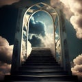 Conceptual image of stairway leading up to sky with clouds