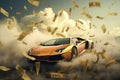 Conceptual image of a super sports car surrounded by flying dollars, Lamborgini flying through the Money clouds, AI Generated