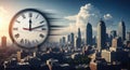 Conceptual image of time passing in a modern urban cityscape with speeding clock Royalty Free Stock Photo