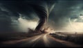 Conceptual image of tornado approaching a road with dramatic sky background. Generative Ai