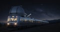 Conceptual image of a train with observatory domes traveling under a night sky exploring space and science Royalty Free Stock Photo