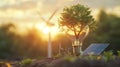 Conceptual Image of a Tree Growing Inside a Light Bulb with Solar Panel and Wind Turbines Against a Breathtaking Sunset for Royalty Free Stock Photo