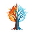 A conceptual image of a tree representing opposing elements of fire and ice on white Royalty Free Stock Photo