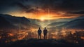 Conceptual image of two business people looking at sunrise over misty valley