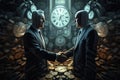 Conceptual image of two businessmen shaking hands against pile of coins, The concept of the transaction, the handshake of