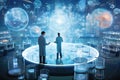 Conceptual image of two doctors looking at hologram screen in laboratory, Team of Medical Research Scientists Work on a New