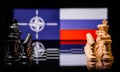 Conceptual image of war between Russia and NATO using chess pieces and national flags