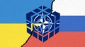 Conceptual image of war between Russia and Ukraine with cracked wall and Rubik`s Cube with national flag