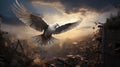 Conceptual image of a white dove flying over a ruined city. War in Ukraine.