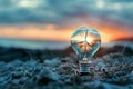 Conceptual image of a wind turbine encapsulated within a light bulb, symbolizing renewable energy. Perfect for eco-friendly Royalty Free Stock Photo