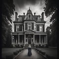 Conceptual image of a woman standing in front of an old mansion