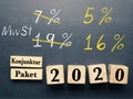 Conceptual image with wooden blocks on a chalkboard for economic stimulus package for Germany
