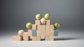 Conceptual image with wooden cubes and green balls on gray background, Enviroment concepts, Generative AI illustration Royalty Free Stock Photo