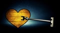 A conceptual image of a wooden heart and a metallic key against a starry night background.