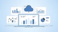 Conceptual Infographic Displaying Cloud Computing, Data Analytics, and Business Reports with Icons and Charts on a Light Royalty Free Stock Photo