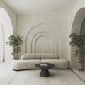 Conceptual interior room with arched stucco wall. Creative composition sofa with arch in pastel color. Mockup empty
