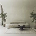 Conceptual interior room with arched stucco wall. Creative composition sofa with arch in pastel color. Mockup empty