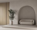 Conceptual interior room with arched stucco wall. Creative composition sofa with arch in warm beige pastel color. Mockup