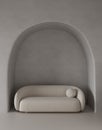 Conceptual interior room with arched stucco wall. Creative composition sofa with arch in warm beige pastel color. Mockup