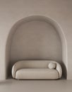 Conceptual interior room with arched stucco wall. Creative composition sofa with arch in warm beige pastel color. Mockup