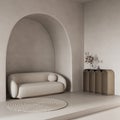 Conceptual interior room with arched stucco wall. Creative composition sofa with arch in warm beige pastel color. Mockup