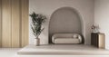 Conceptual interior room with arched stucco wall. Creative composition sofa with arch in warm beige pastel color. Mockup