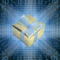 conceptual internet business illustration of binary code and shiny gift box